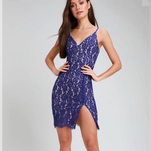 Lulu's Blue Tan Slip Mini Dress - Shes a Knockout Cobalt Blue  Lace Dress in XS - Picture 1 of 9